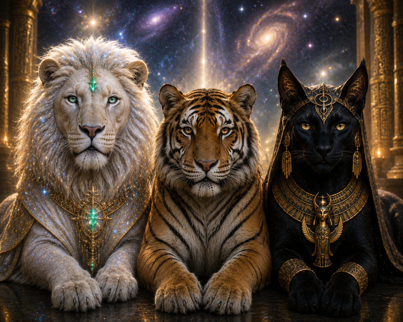 Regal cosmic feline guide bathed in starlight gold and violet aura