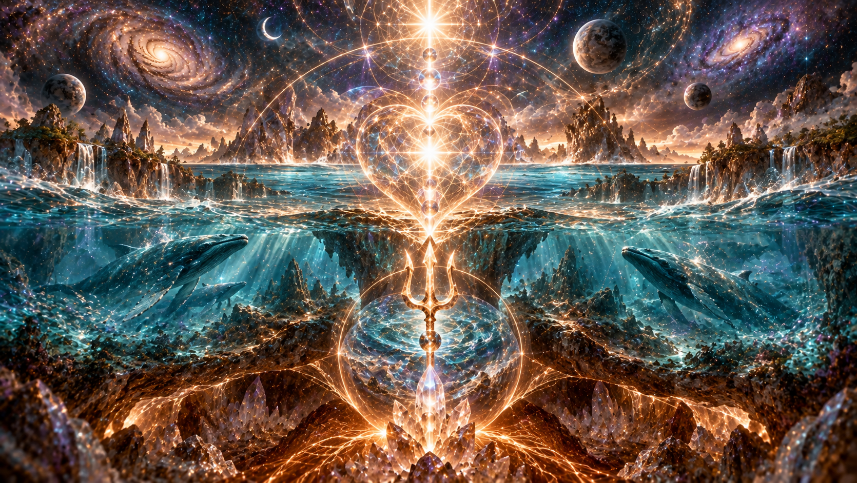 Glowing heart energy and layered light journey
