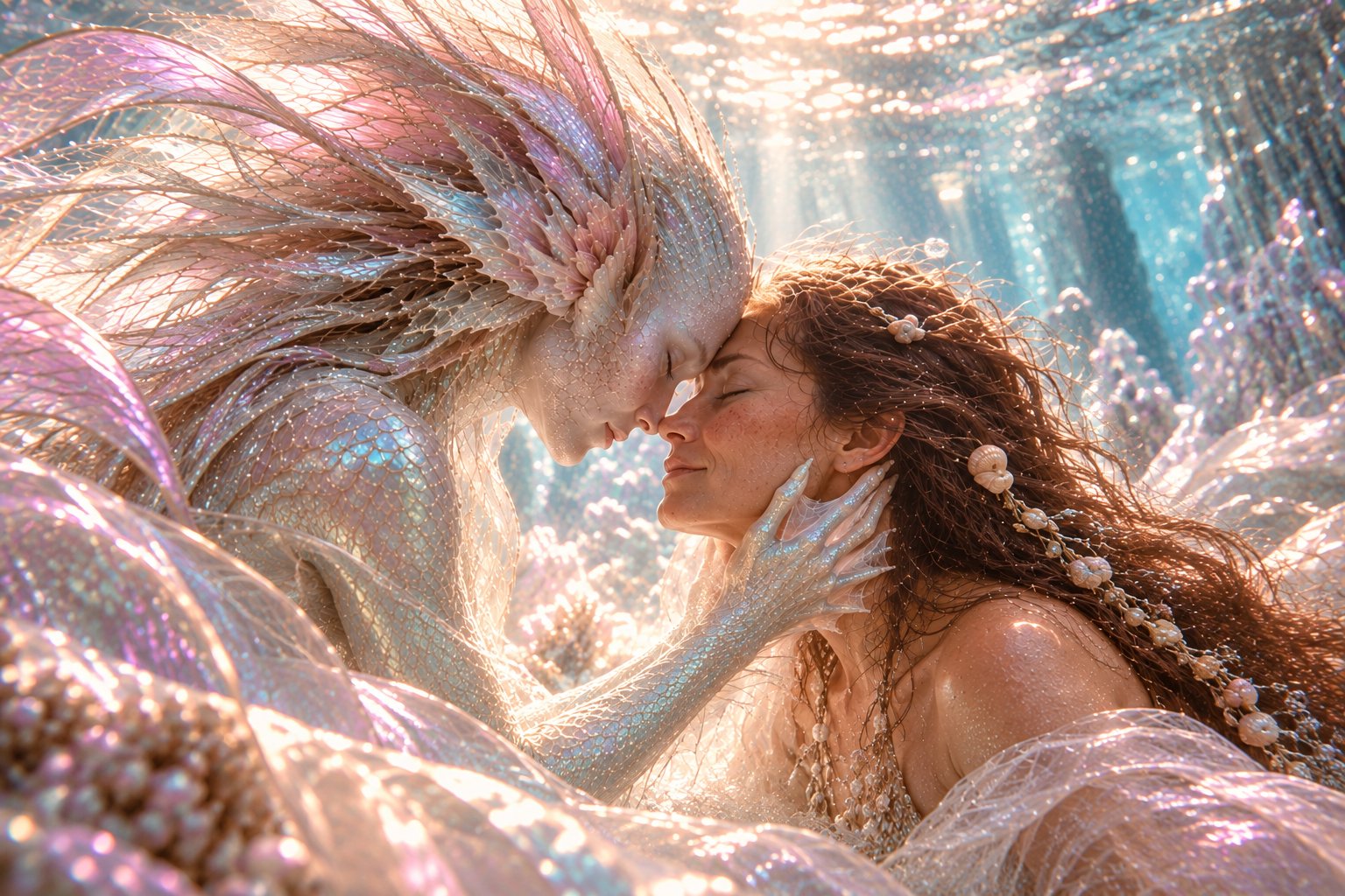 Serene Lemurian mermaid light and turquoise ocean glow