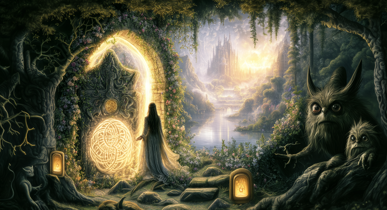 Mystical misty forest and golden waters of Avalon